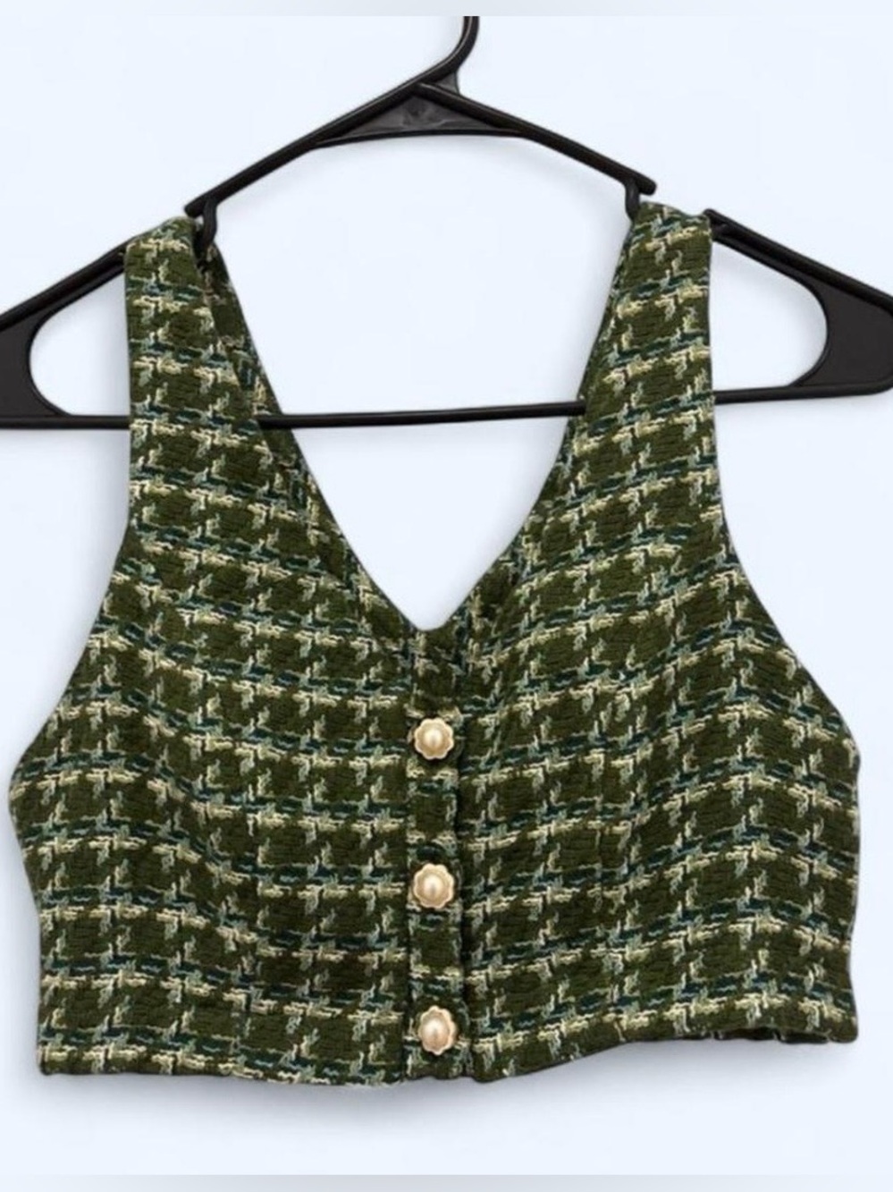 Dark Academia Tweed Vest Top Preppy Pearl Button Crop Tank
